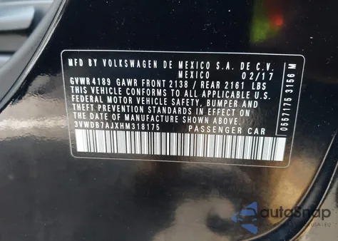 2017 Volkswagen Jetta 1.4T Se z USA, uszkodzony, nr VIN 3VWDB7AJXHM318175